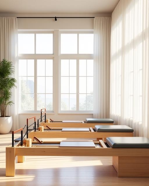 Studio de Pilates lumineux avec équipements Reformer