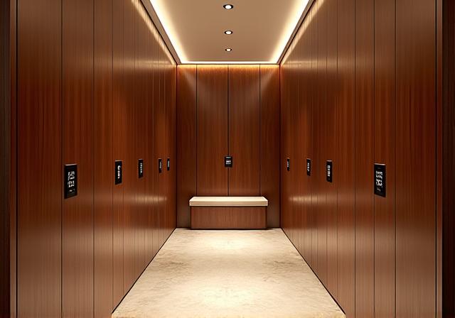 Vestiaires de luxe avec casiers en bois et éclairage doux